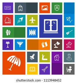 Modern, simple, colorful vector icon set with music, rocket, entertainment, desk, location, fitness, sport, umbrella, furniture, travel, home, parasol, nature, sweet, cream, musical, tree, wall icons