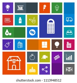 Modern, simple, colorful vector icon set with grater, apple, message, retro, fashion, kitchen, bottle, pasta, pipe, estate, cooking, aroma, table, tobacco, dinner, parachuting, architecture, bed icons