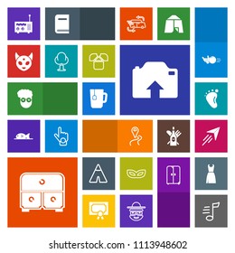 Modern, simple, colorful vector icon set with newborn, fashion, navigation, musical, cup, radio, masquerade, carnival, flight, paper, map, adventure, location, route, drawer, tent, ufo, media icons