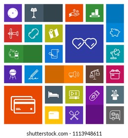 Modern, simple, colorful vector icon set with player, gift, communication, disc, broom, delivery, money, button, equipment, paper, document, dvd, van, ribbon, present, pen, interior, sun, sign icons