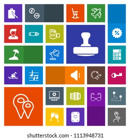 Modern, simple, colorful vector icon set with bullet, map, volume, stamp, home, table, mark, computer, handle, technology, man, location, pin, business, sea, kitchen, beach, military, finance icons