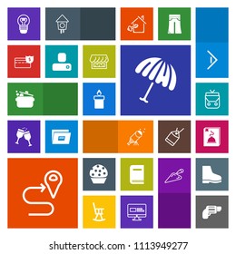 Modern, simple, colorful vector icon set with handgun, route, dessert, night, gun, flame, weapon, road, food, doughnut, book, object, protection, pistol, sweet, location, weather, bag, wax, bulb icons
