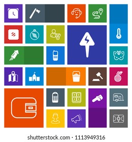 Modern, simple, colorful vector icon set with telephone, cash, hour, sign, stamp, insect, safe, festival, wallet, bomb, event, pitch, butterfly, fire, soccer, minute, sport, stadium, phone, bank icons