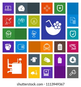 Modern, simple, colorful vector icon set with juice, business, clean, internet, bucket, construction, tag, price, security, air, phone, stereo, drink, sound, nature, tropical, screwdriver, sky icons