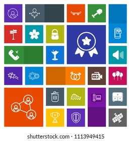 Modern, simple, colorful vector icon set with communication, award, winner, bin, sign, planet, trash, sea, engagement, music, decoration, screen, technology, garbage, wedding, person, place, can icons