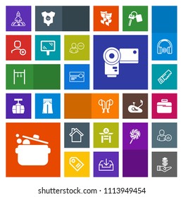 Modern, simple, colorful vector icon set with account, bag, cassette, rocket, growth, japan, camera, launch, taiko, photographer, photo, stereo, telephone, tree, web, hammer, sound, science, saw icons