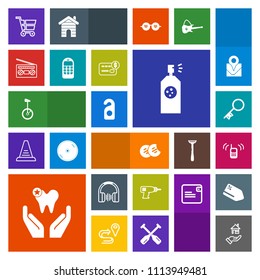 Modern, simple, colorful vector icon set with communication, machine, sweet, radio, retail, equipment, healthy, home, stereo, security, work, spray, hand, white, snack, sound, motel, paint, call icons