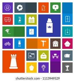 Modern, simple, colorful vector icon set with game, girl, bar, office, blank, download, drill, drink, doughnut, open, saw, bottle, folder, sign, chess, work, paper, fashion, glass, aroma, beauty icons