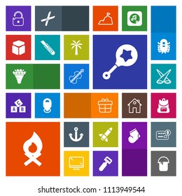 Modern, simple, colorful vector icon set with fireplace, backdrop, child, security, infant, decoration, bouquet, cutter, pink, present, interior, campfire, marine, floral, rocket, toy, sound icons