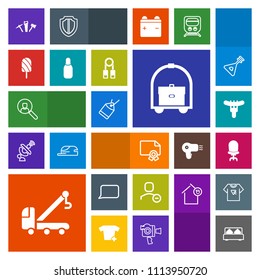 Modern, simple, colorful vector icon set with hotdog, dessert, armchair, hotel, accident, hammer, web, online, sausage, speech, tag, travel, tow, comfortable, repair, delete, user, car, interior icons