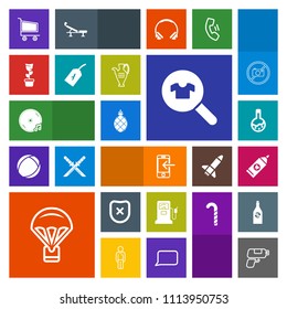 Modern, simple, colorful vector icon set with music, parachute, game, medicine, laboratory, safety, market, gasoline, sky, woman, care, fashion, hygiene, gun, brush, mobile, jump, fruit, pistol icons