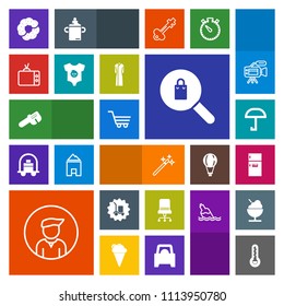 Modern, simple, colorful vector icon set with thermometer, cargo, weather, magician, boy, dessert, interior, woman, repair, umbrella, clothing, kitchen, food, shop, furniture, magic, freezer, tv icons