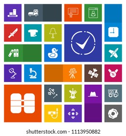 Modern, simple, colorful vector icon set with cake, equipment, rocket, video, food, drink, folder, rubber, office, sale, camera, doughnut, wine, toy, sweet, space, technology, luggage, tripod icons
