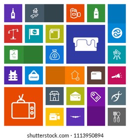 Modern, simple, colorful vector icon set with electric, heart, kitchen, drink, cake, architecture, spoon, glass, grill, restaurant, television, wine, message, red, home, apartment, flashlight icons