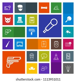 Modern, simple, colorful vector icon set with sound, sack, alien, handgun, cup, audio, paint, shop, night, monster, concept, pistol, bubble, fiction, message, mic, finance, roll, ufo, brush, bag icons