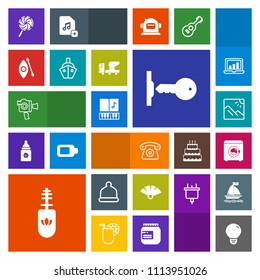 Modern, simple, colorful vector icon set with travel, traditional, wash, camera, mobile, idea, technology, musical, bulb, handle, fan, machine, film, housework, equipment, brush, music, fashion icons