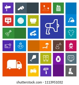 Modern, simple, colorful vector icon set with summer, fashion, sunbed, business, folk, chair, joy, restaurant, waiter, transportation, truck, model, arrow, beach, loud, umbrella, instrument, fun icons