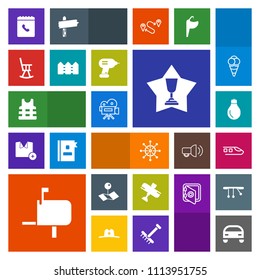 Modern, simple, colorful vector icon set with movie, idea, video, transportation, travel, vehicle, power, aircraft, railway, retro, mailbox, pin, energy, transport, post, wheel, phone, message icons