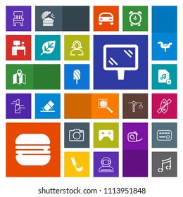 Modern, simple, colorful vector icon set with sign, food, find, street, paddle, camera, sandwich, canoe, fruit, game, play, cheeseburger, map, comfortable, file, note, search, snack, chair, oar icons
