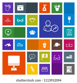 Modern, simple, colorful vector icon set with glass, surf, laptop, surfing, computer, hot, glasses, washer, japan, surfer, coffee, appliance, laundry, download, internet, pc, fish, sign, window icons