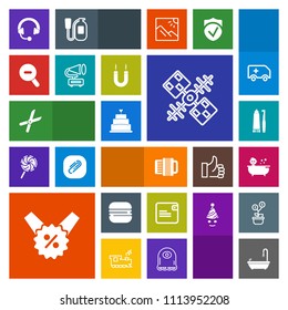 Modern, simple, colorful vector icon set with money, satellite, equipment, cheeseburger, space, business, sign, toilet, burger, snack, dental, sweet, wallet, audio, percent, gardening, health icons