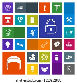 Modern, simple, colorful vector icon set with rubber, customer, toy, home, work, mobile, shield, equipment, industrial, lamp, storage, technology, marketing, target, bank, warehouse, protection icons