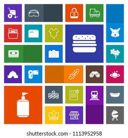 Modern, simple, colorful vector icon set with medieval, nature, contract, blossom, space, meat, audio, soap, storage, planet, grill, handicap, knight, cherry, blade, globe, weapon, photography icons