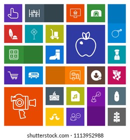Modern, simple, colorful vector icon set with gym, blossom, delivery, government, music, ink, chief, camera, apple, equipment, pointer, house, handle, city, money, architecture, restaurant, safe icons