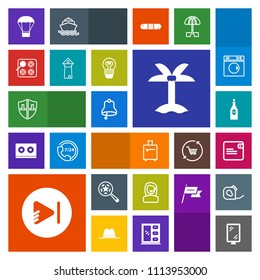 Modern, simple, colorful vector icon set with ring, road, leaf, media, air, glass, bag, headset, protection, find, banner, suitcase, tropical, music, alarm, trip, sign, purse, wine, travel, call icons