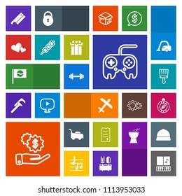 Modern, simple, colorful vector icon set with paint, fitness, note, airplane, direction, investment, button, asia, gym, garden, arrow, south, compass, north, love, valentine, mower, lawn, japan icons