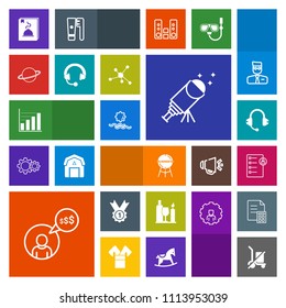 Modern, simple, colorful vector icon set with cooking, music, wine, data, planet, meat, telescope, menu, send, star, sky, sun, job, microphone, drink, sound, shopping, sunrise, glass, scale, bbq icons