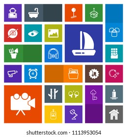 Modern, simple, colorful vector icon set with real, screen, asia, projector, night, equipment, file, paper, food, video, building, asian, ship, toy, tennis, moon, house, boat, plant, game, bar icons