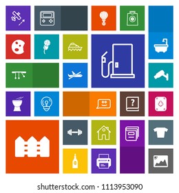 Modern, simple, colorful vector icon set with gym, airplane, fitness, play, safety, travel, petrol, poker, camera, equipment, mic, karaoke, dessert, sound, sweet, chat, pendulum, music, smile icons