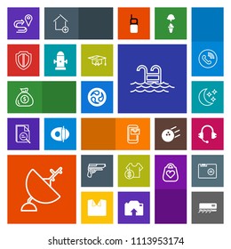 Modern, simple, colorful vector icon set with sale, weapon, shop, japan, sky, technology, price, map, business, music, pistol, finance, mail, satellite, moon, sound, conditioner, road, air, dish icons