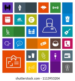 Modern, simple, colorful vector icon set with music, white, telephone, sugar, concept, card, hotel, cinema, phone, id, armchair, space, hospitality, rocket, comfortable, flight, business, book icons