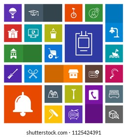 Modern, simple, colorful vector icon set with bell, extreme, road, yacht, ring, real, garden, finance, alarm, call, badge, infographic, sail, candle, jump, gardening, house, sickle, trend, chart icons