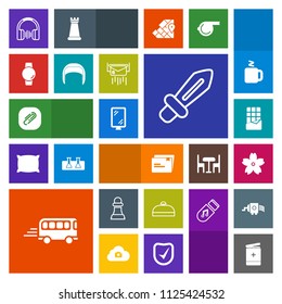 Modern, simple, colorful vector icon set with audio, bus, banner, music, chessboard, gadget, weapon, watch, paper, sound, medieval, trip, clip, sword, sign, blade, sweet, speed, luggage, street icons