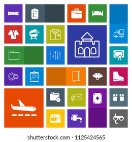 Modern, simple, colorful vector icon set with mask, tshirt, plane, office, cooking, footwear, equality, tie, tower, castle, internet, scuba, grill, elegance, bbq, file, notebook, page, building icons