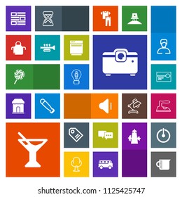 Modern, simple, colorful vector icon set with newspaper, sound, container, housework, idea, juice, tape, apron, clothes, domestic, bubble, news, projector, summer, internet, up, transparent, tag icons