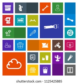 Modern, simple, colorful vector icon set with interior, pencil, property, flashlight, summer, pen, furniture, palm, mixer, cup, tropical, safety, time, estate, cafe, sugar, online, schedule, mon icons