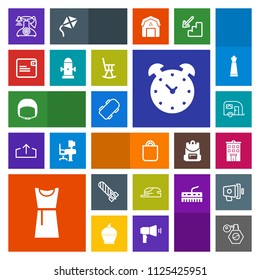 Modern, simple, colorful vector icon set with dress, watch, danger, hour, phone, work, vintage, pump, building, van, fire, traffic, house, perfume, bag, old, telephone, bottle, real, vehicle icons