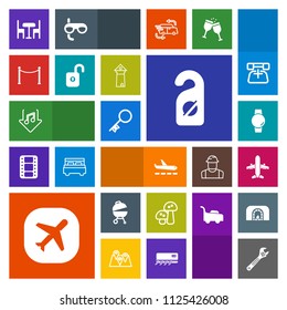 Modern, simple, colorful vector icon set with tool, tower, gadget, europe, meat, telephone, sign, time, wrench, barbecue, travel, hammer, hotel, table, equipment, mushroom, security, spanner icons