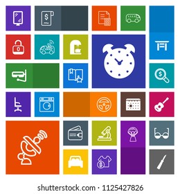 Modern, simple, colorful vector icon set with search, tool, space, equipment, science, concept, street, hour, microscope, communication, technology, time, cash, global, security, music, find icons