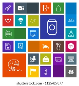 Modern, simple, colorful vector icon set with change, food, shovel, lawn, tin, substitute, travel, wireless, sea, seafood, store, shop, parachute, camp, replace, fish, tent, can, equipment, sky icons