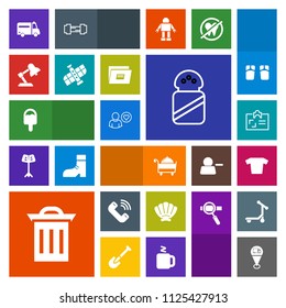 Modern, simple, colorful vector icon set with box, spice, location, restaurant, map, business, call, icecream, seashell, sea, technology, space, trash, white, garbage, medical, button, clothing icons