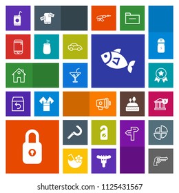 Modern, simple, colorful vector icon set with money, place, estate, handgun, farming, lock, bank, beverage, property, security, loudspeaker, home, first, award, sign, winner, harvest, drink, gun icons