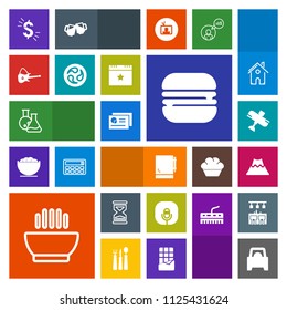 Modern, simple, colorful vector icon set with car, sand, airplane, microphone, timer, dinner, equipment, dish, report, guitar, burger, musical, hour, clock, travel, technology, tool, soup, chart icons