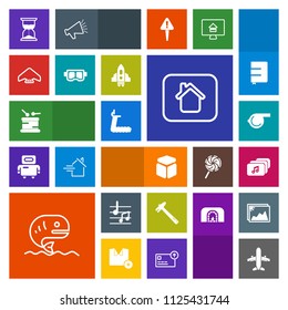 Modern, simple, colorful vector icon set with clock, extreme, food, square, parachuting, hour, plane, object, jump, fitness, spanner, music, snorkel, mask, parachute, cube, sport, house, tool icons