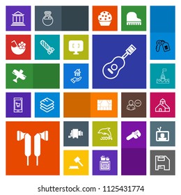 Modern, simple, colorful vector icon set with food, architecture, fire, finance, summer, drink, glass, rent, animal, sound, banking, castle, flight, concert, dolphin, musical, airplane, cocktail icons