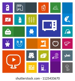 Modern, simple, colorful vector icon set with shorts, cleaner, grill, wear, domestic, food, motel, kitchen, equipment, sewing, shop, home, file, video, weapon, old, key, machine, barbecue, sign icons